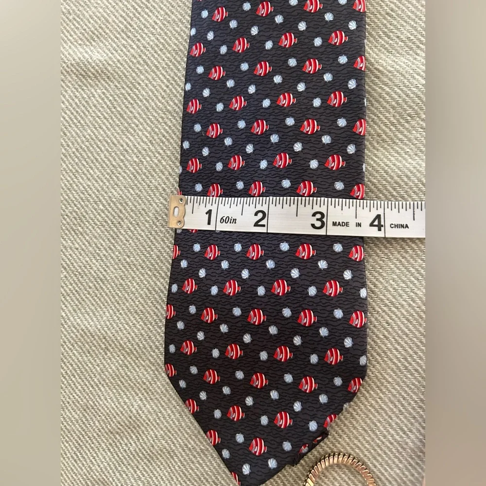 FRANGI 100% Silk Tie Navy Red Fish Print Made in Italy Office Classic